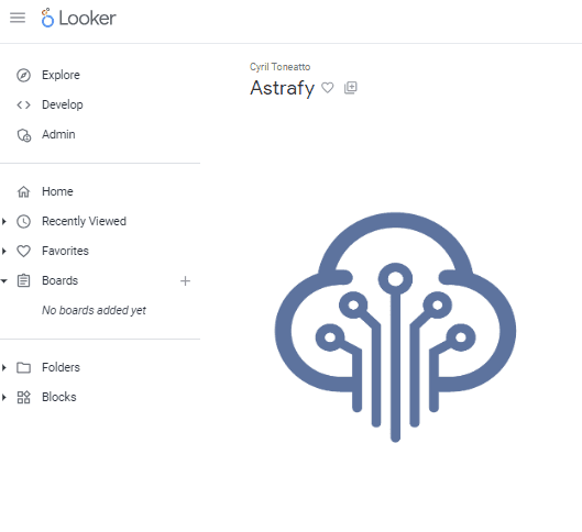 User interface of Looker dashboard with menu items for navigation and a stylized cloud icon representing data connectivity, alongside user details for Cyril Tonaetto.