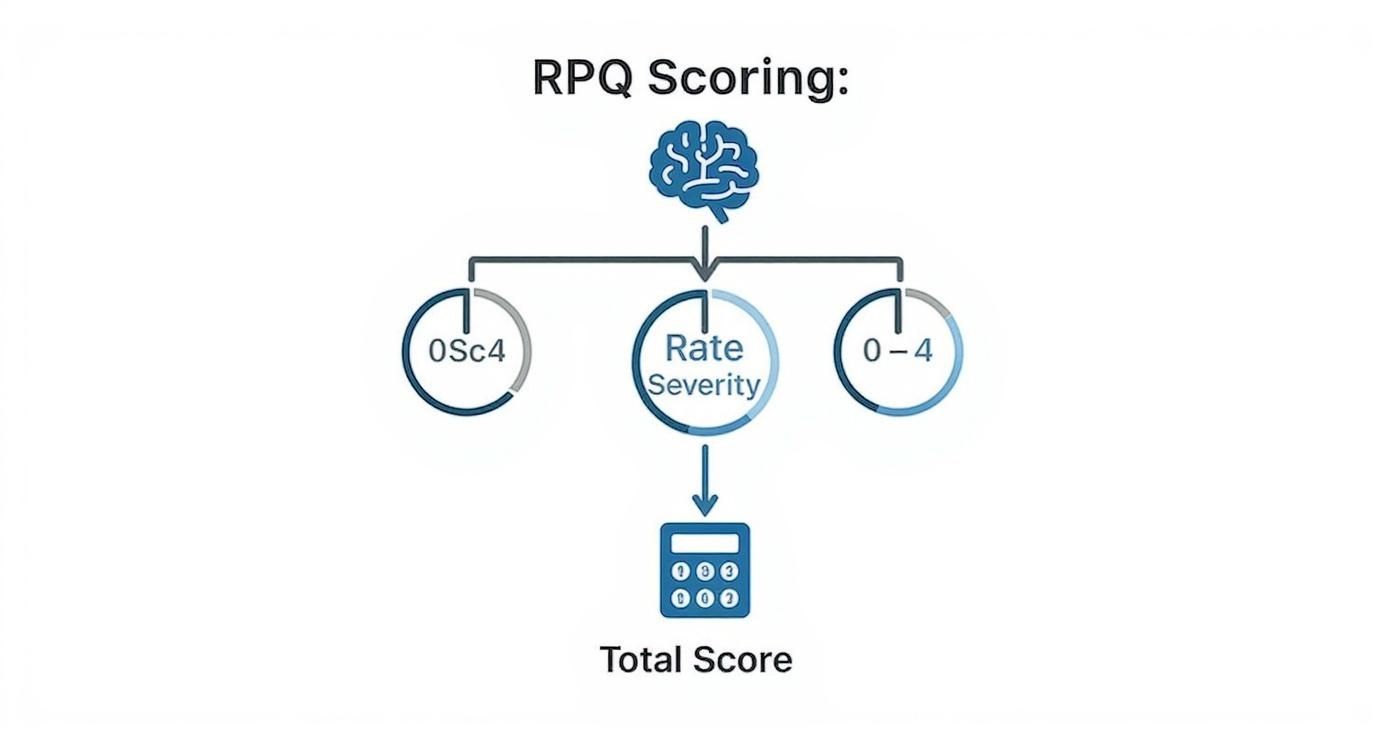 Flowchart illustrating the RPQ Scoring process, including severity rating, and total score calculation for a questionnaire.