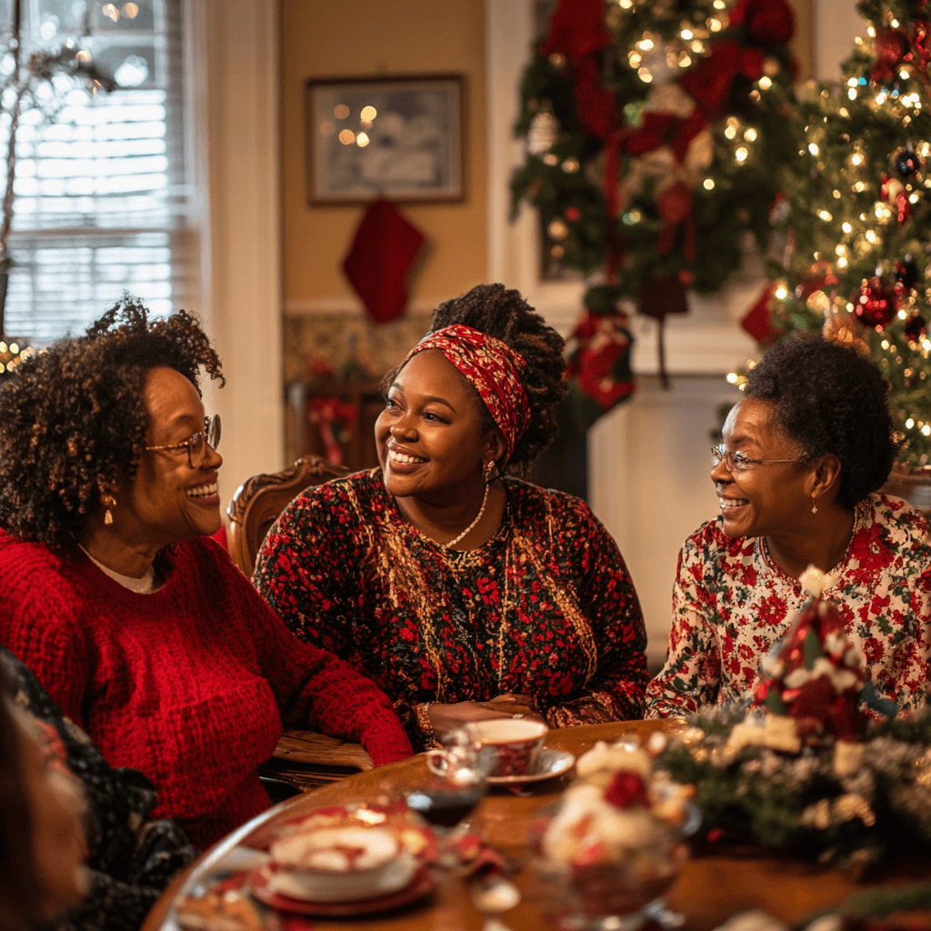 Three women of different generations sit together at a festive holiday table, smiling and talking in a warmly decorated room with a Christmas tree in the background.