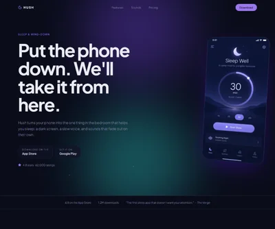 Mobile app landing page built with AI showing a midnight hero, app store badges and a floating phone screen