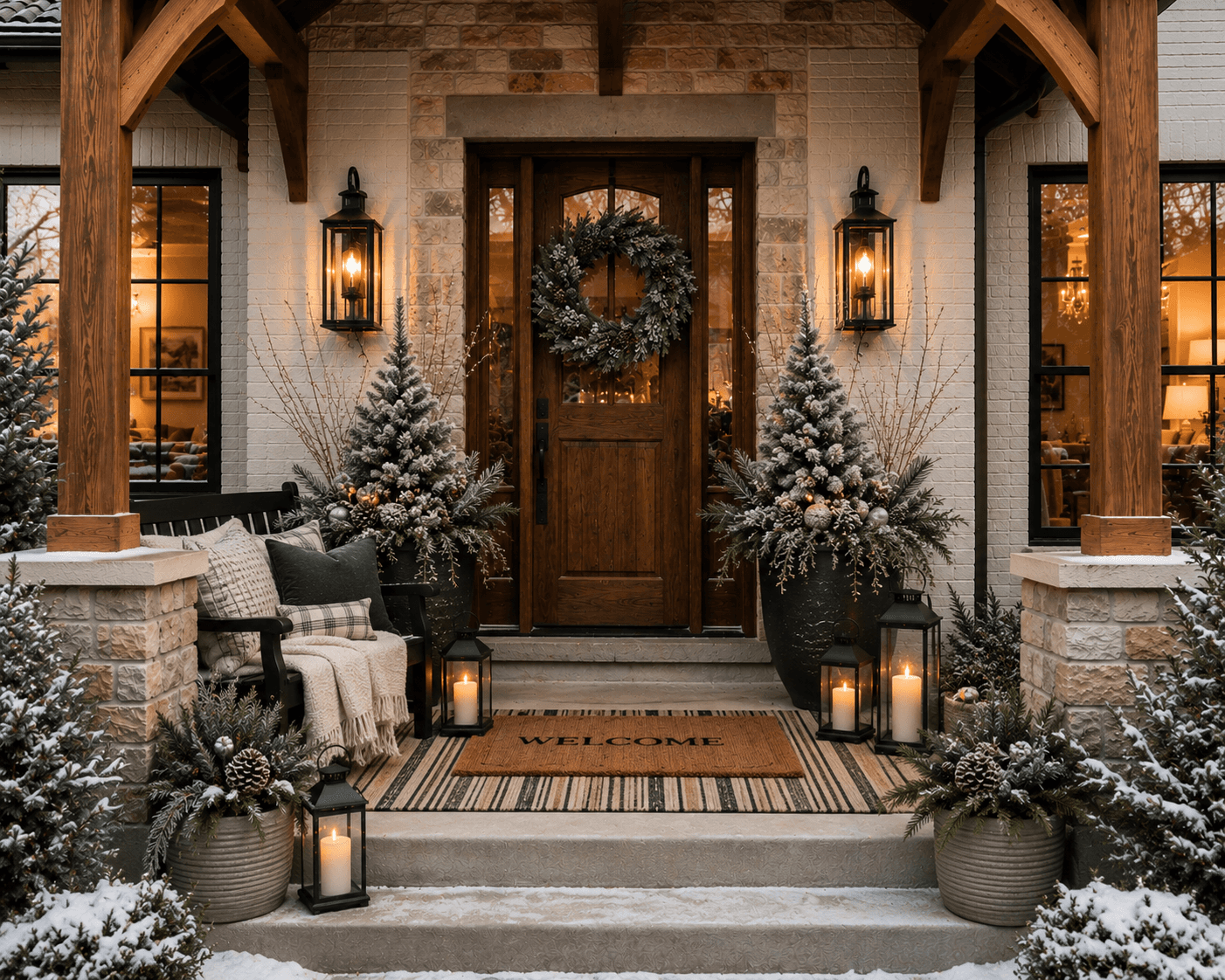 A rustic winter home entrance styled with a festive wreath and layered seasonal doorway décor.