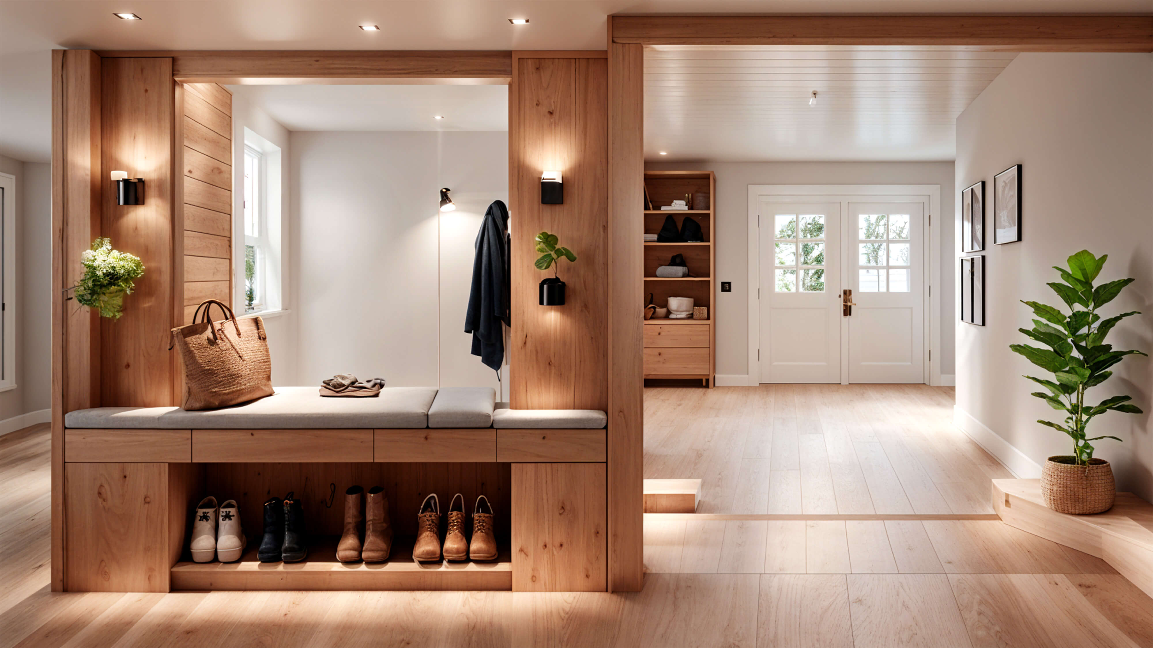 Modern mudroom with warm wood paneling, built-in bench seating, shoe storage, and soft natural light.