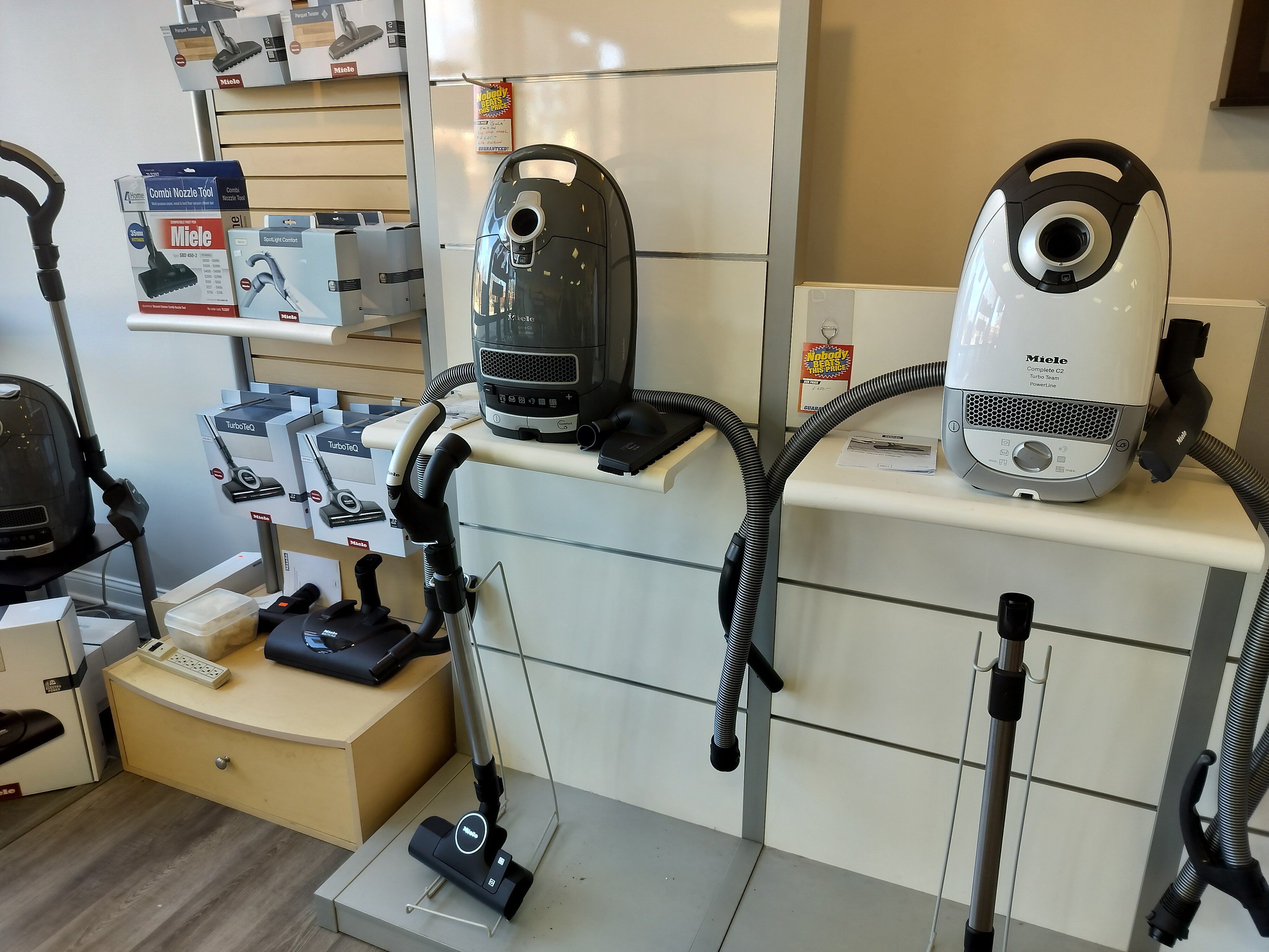 picture of vacuums in park ridge vacuum showroom against wall