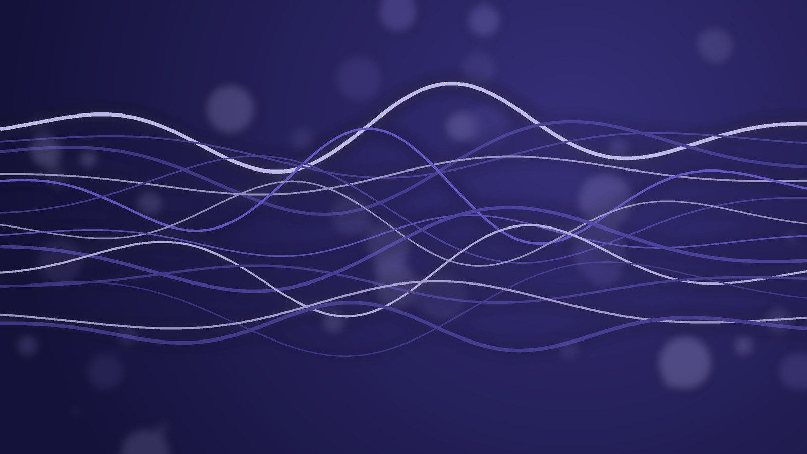 Abstract chain of nine linked spheres drifting across a dark blue field with faint wave-like lines
