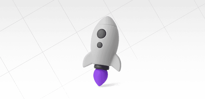 Animated cartoon rocket ship launching with purple flames, representing takeoff and innovation.