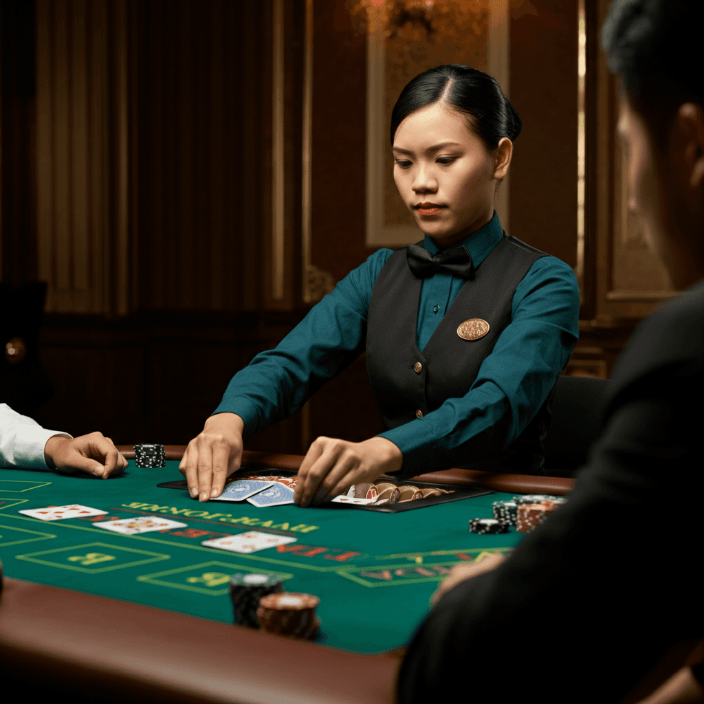 Filipino Casino dealer in crisp dark teal uniform dealing cards on a green felt table, professional and focused expression, players watching attentively, scene conveys trust and fairness, cinematic lighting, elegant casino backdrop