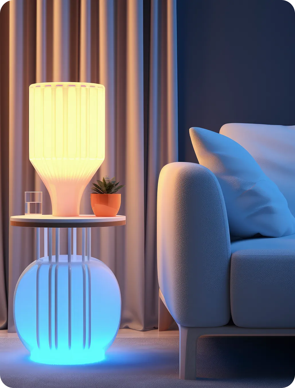 Cozy bedside table with a glowing lamp, small potted plant, and soft blue cushions.