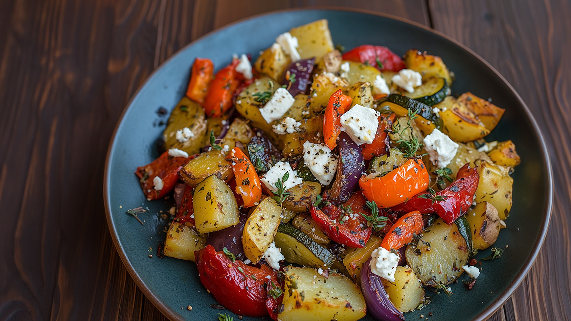 Ofengemüse mit Paprika, Zucchini, Kartoffeln und Feta, perfekt für eine gesunde, kalorienarme Ernährung.