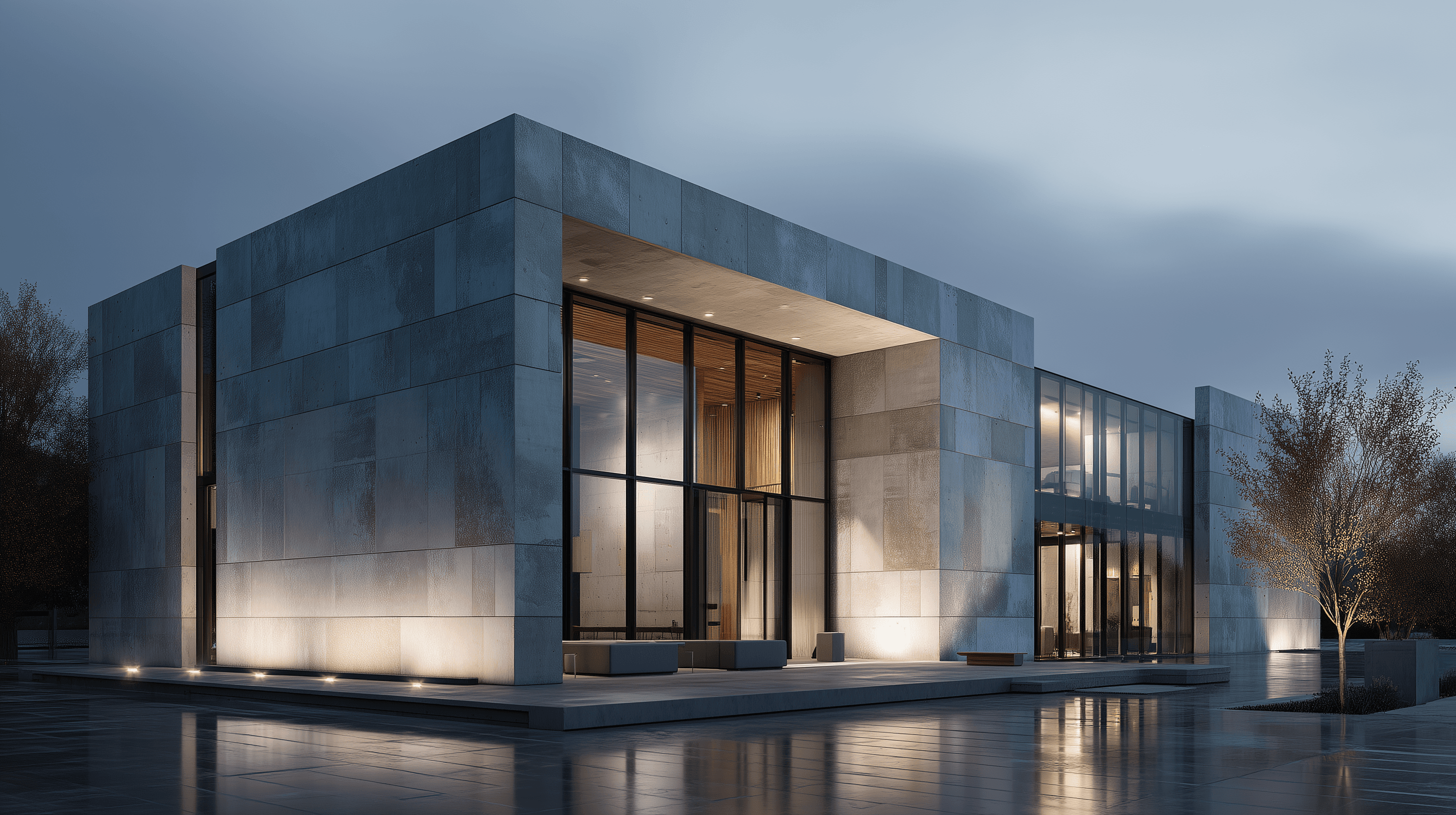 Ultra-realistic architectural visualization of a modern minimalist house with concrete facade and glass walls, illuminated at dusk with soft ambient lighting reflecting on wet pavement.