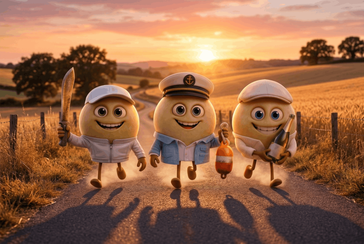 Uncorkables Crisp Whites grape varieties in a group picture running on a village road