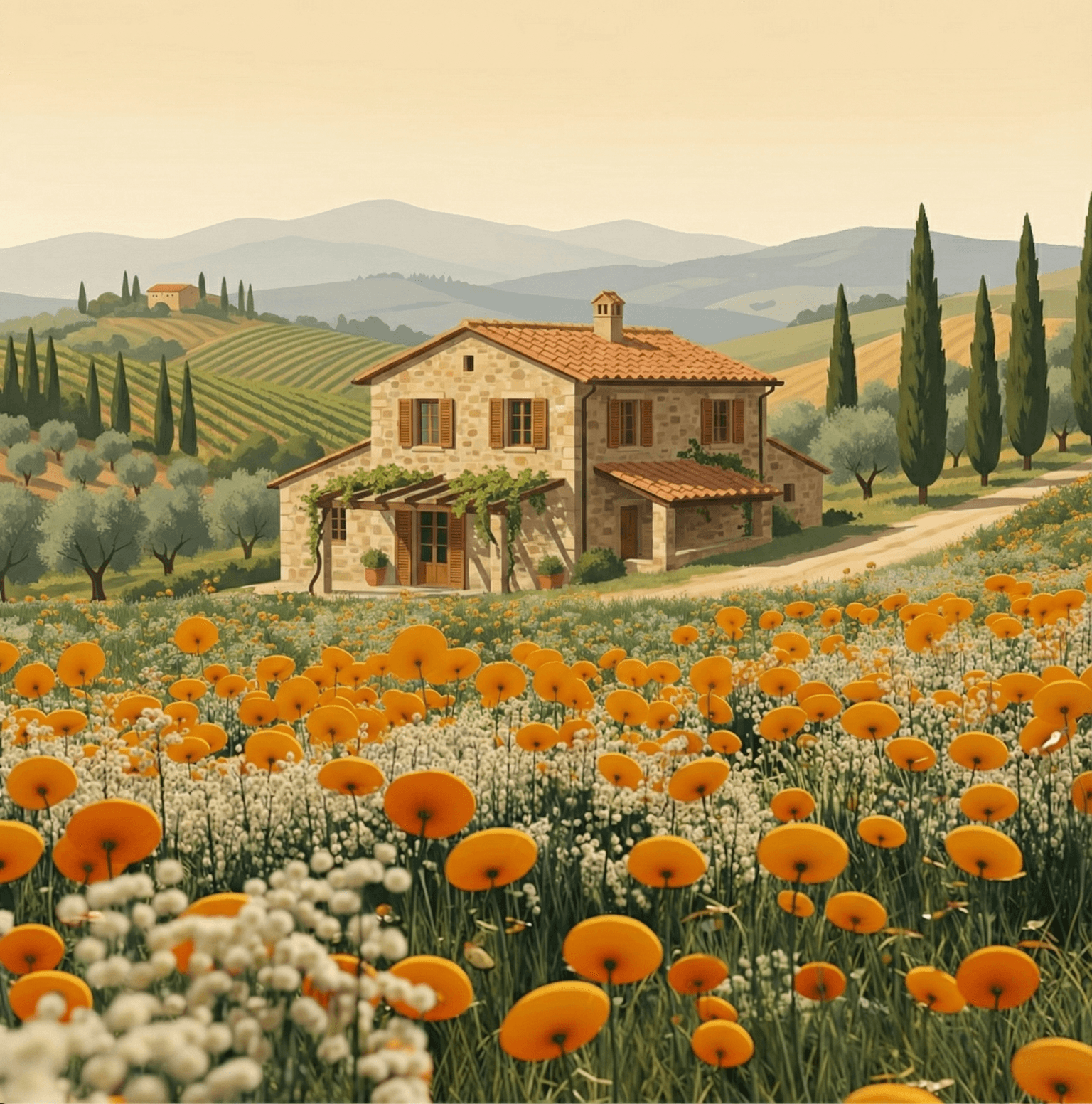 A quaint house surrounded by colorful flowers under a soft, muted sky with distant trees in the background.