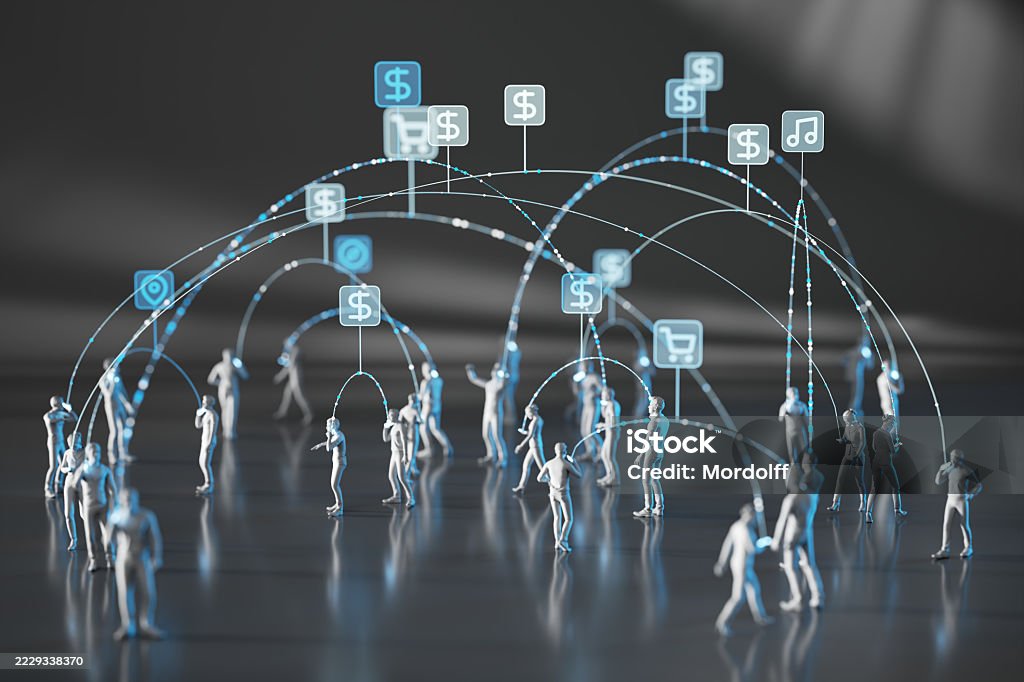 Miniature figures connected by glowing blue arcs to digital commerce icons, illustrating networked consumer behavior and online purchasing decisions.
