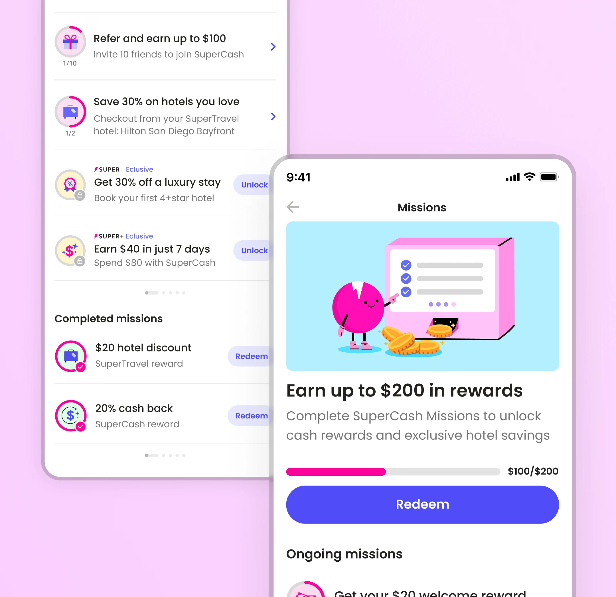 Product design mockup of Super.com’s Missions dashboard showing ongoing and completed tasks, highlighting how clear progress tracking improved user engagement and reward completion.