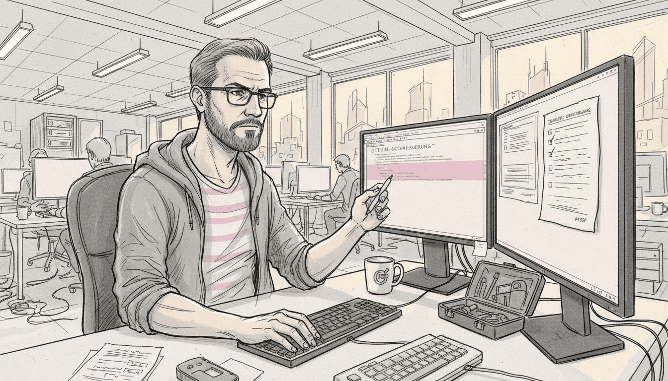 Ein Ingenieur arbeitet an seinem Arbeitsplatz an der Integration von KI-Software.