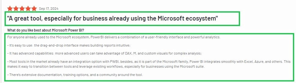 User review highlighting Power BI’s strong integration with the Microsoft ecosystem and ease of use