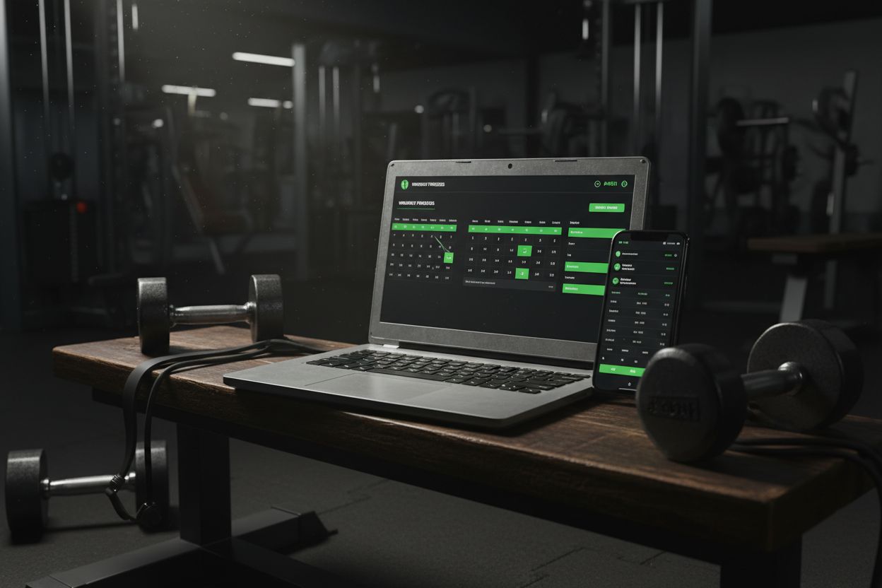 A laptop and smartphone showing a workout log on a gym bench