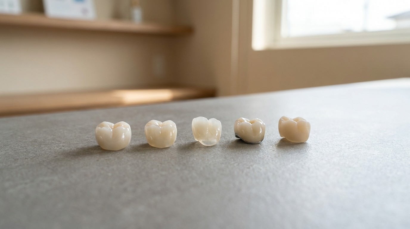 Different dental crown materials shown side by side on a work surface