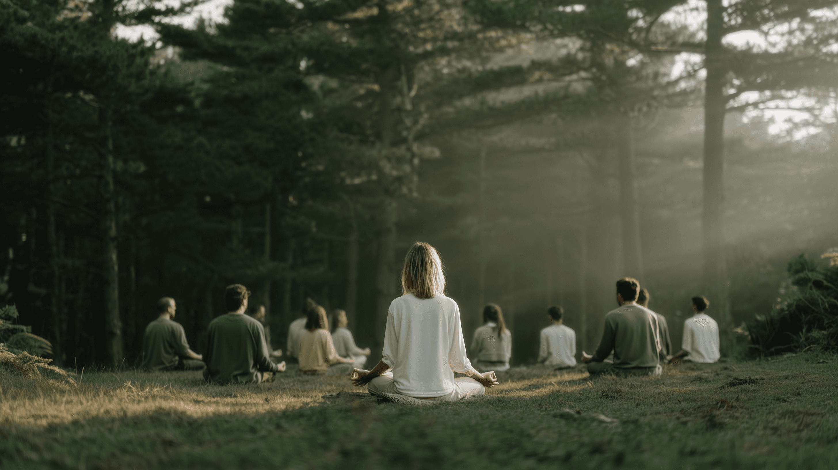 Group of people meditating together in a forest clearing with soft morning sunlight streaming through trees.