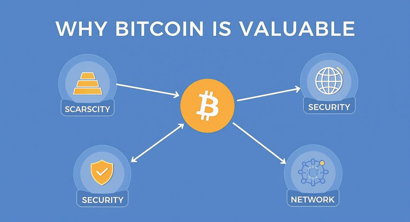 Infographic illustrating why Bitcoin is valuable, showing scarcity, security, and network as key factors.