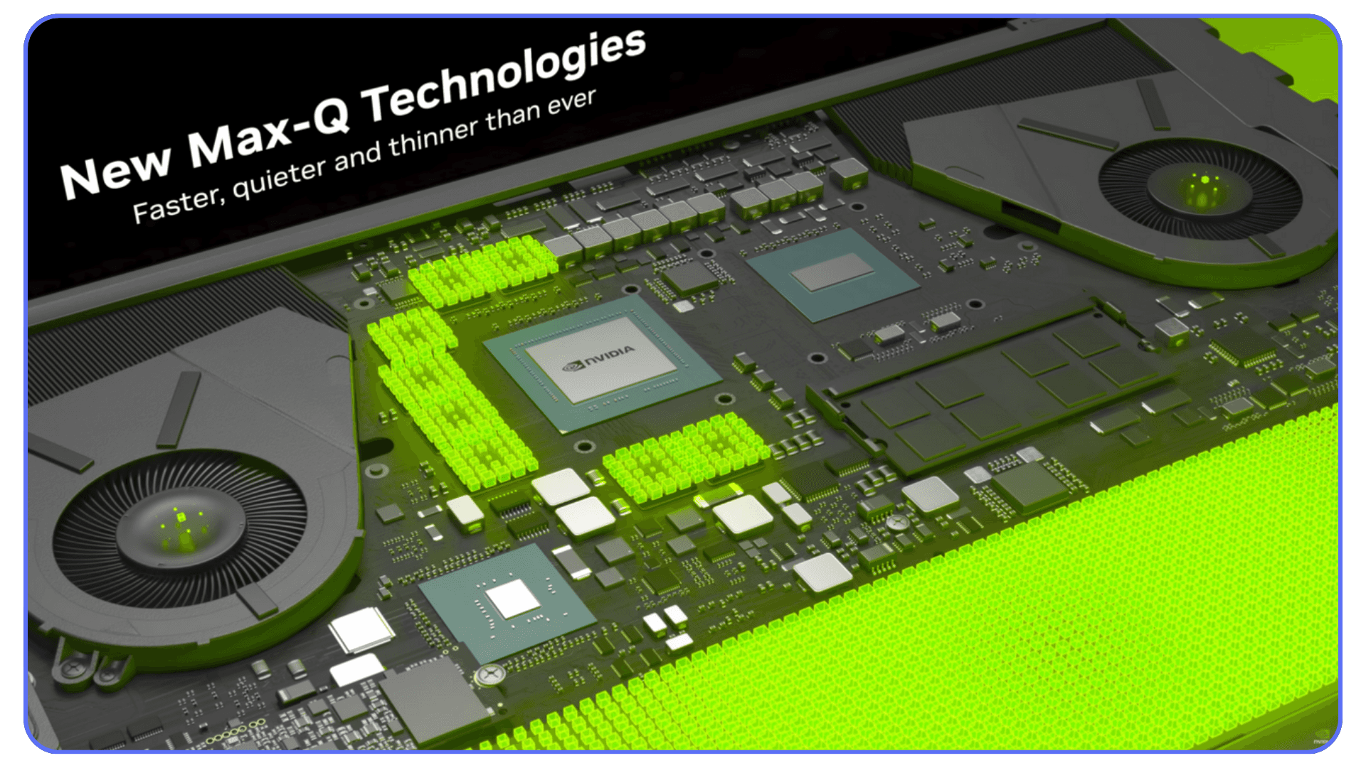 Illustration of Nvidia Max Q laptop GPU technologies showing cooling components and internal layout.