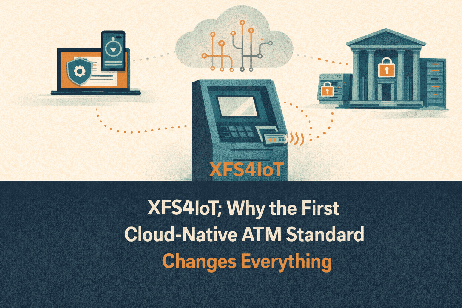 Flat-style digital illustration showing an ATM connected to a cloud with circuit lines, symbolizing the XFS4IoT cloud-native standard. Dotted lines link the ATM to a laptop, smartphone, bank building, and server racks, representing modern, distributed ATM architectures. The background is light beige with navy, teal, and orange tones. A navy-blue bar at the bottom displays the blog title in bold white text: ‘XFS4IoT: Why the First Cloud-Native ATM Standard Changes Everything’.