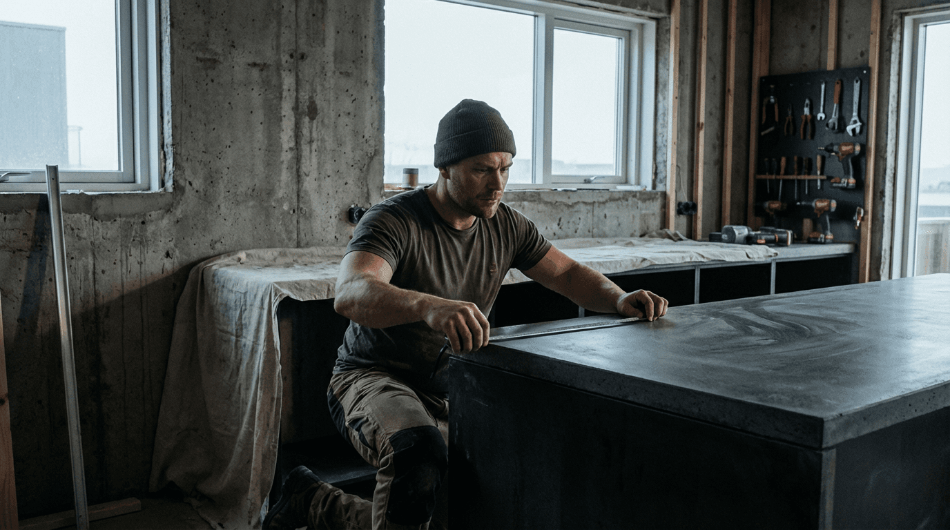 Craftsman working on a kitchen counter top and using AI to get feedback on his conversations with current clients
