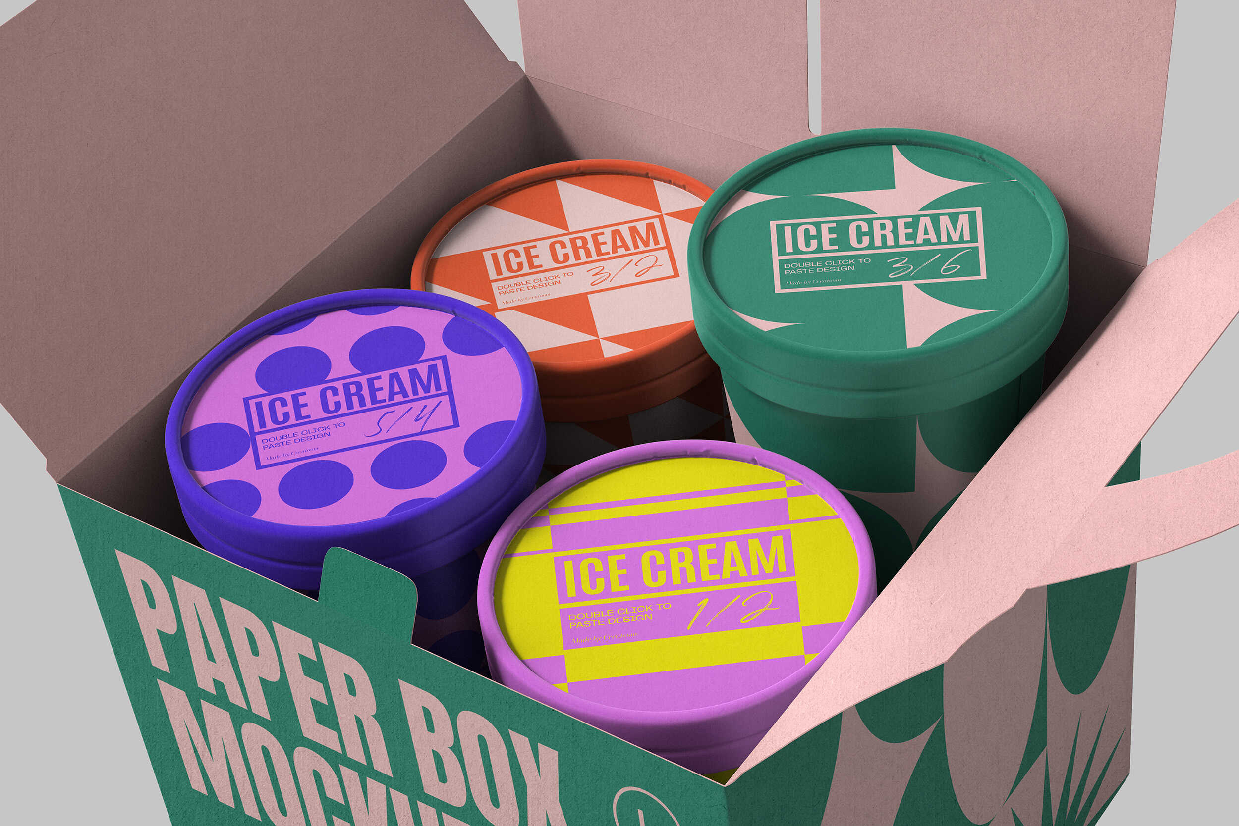 Ice cream tubs arranged in branded shipping box with bold graphic patterns
