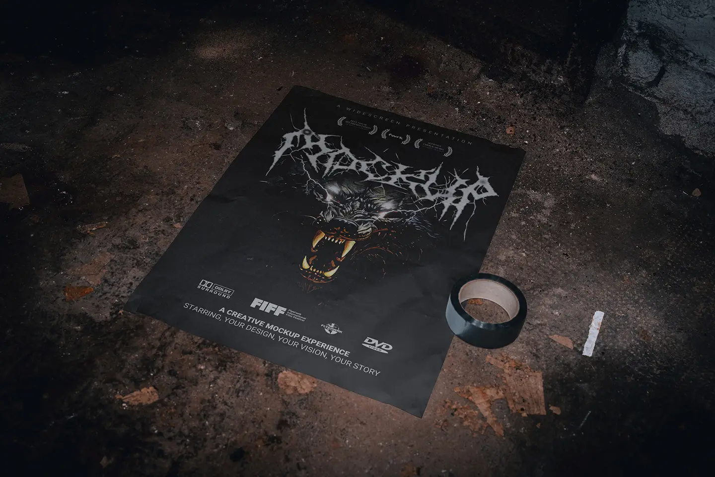 Basement A2 poster mockup showing cinematic poster artwork on dusty floor surface