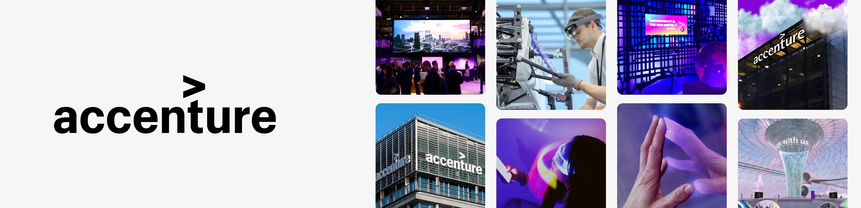 Accenture logo beside images of office buildings, an engineer wearing a mixed reality headset and digital installations