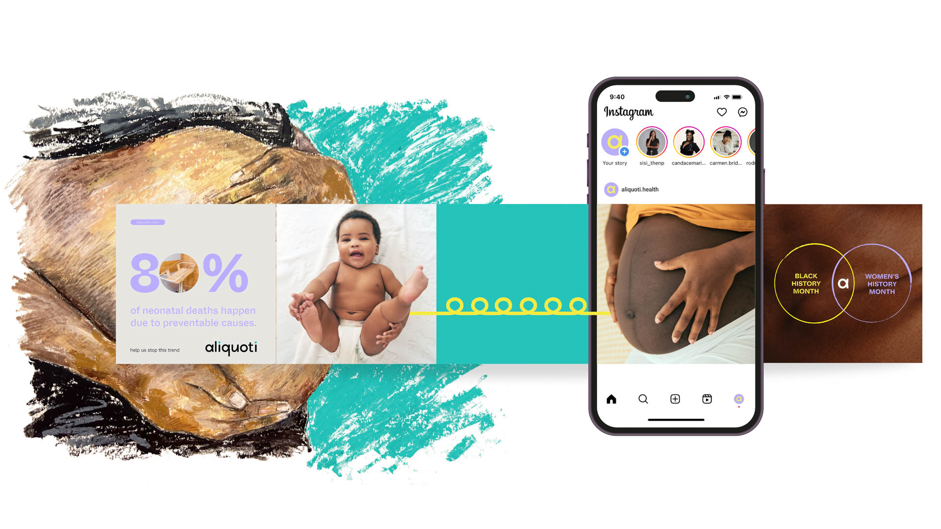 A smartphone displays a profile page on Instagram, showing a pregnant person and a baby. The Instagram interface includes icons for stories, likes, and search. A banner on the left reads “80% of neonatal deaths happen due to preventable causes,” with the brand “aliquoti” and a tagline “help us stop this trend.” The background includes a large abstract design in teal and white.