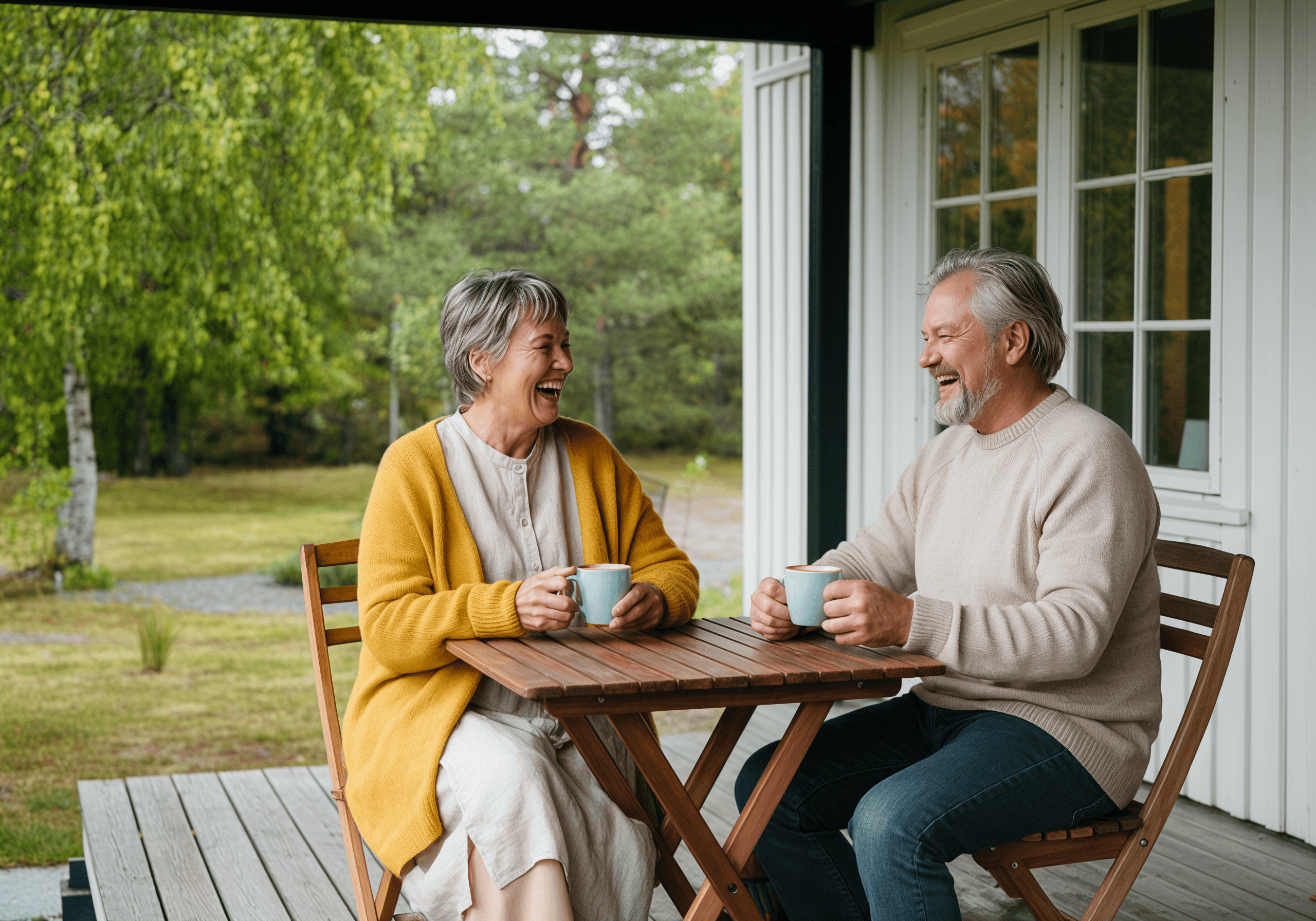 Older couple laughing while enjoying coffee on a porch. They are sitting at a wooden table with trees in the background.