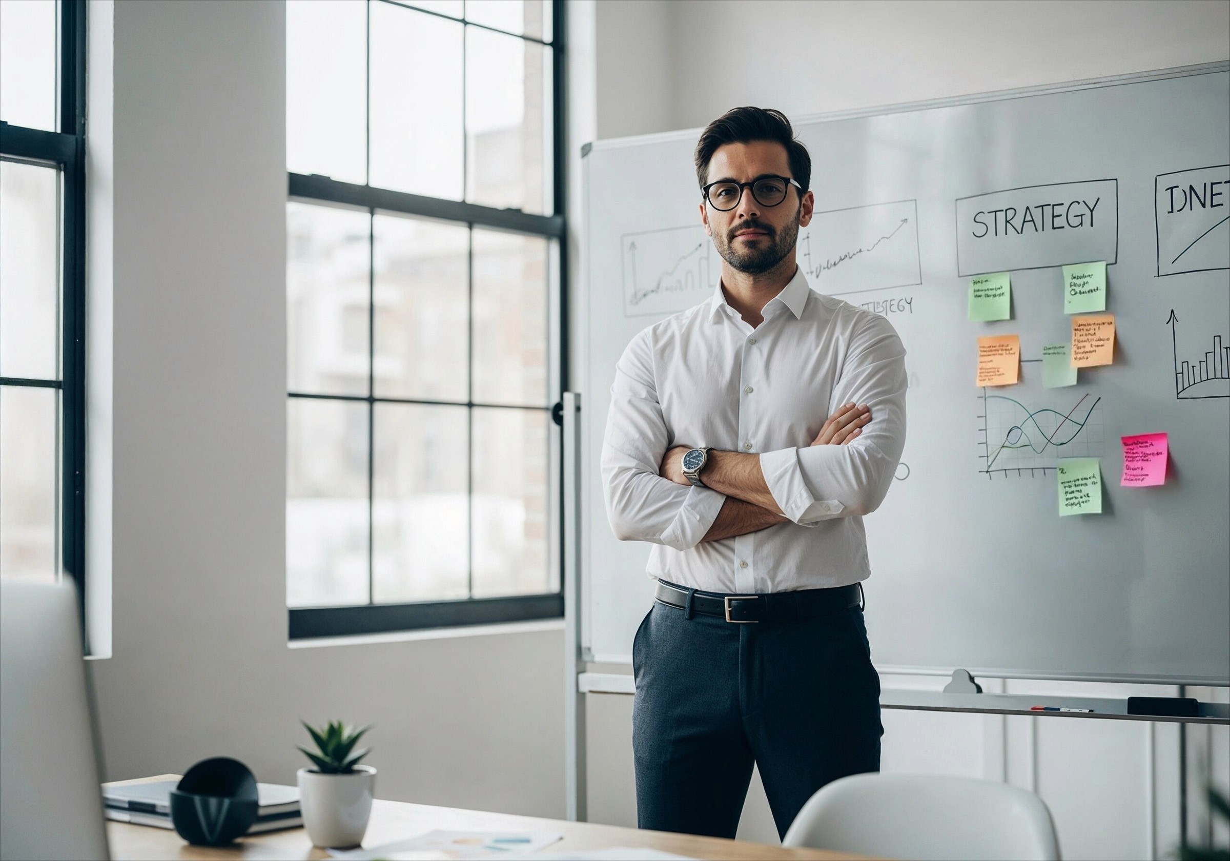 Male marketing executive standing in front of white board