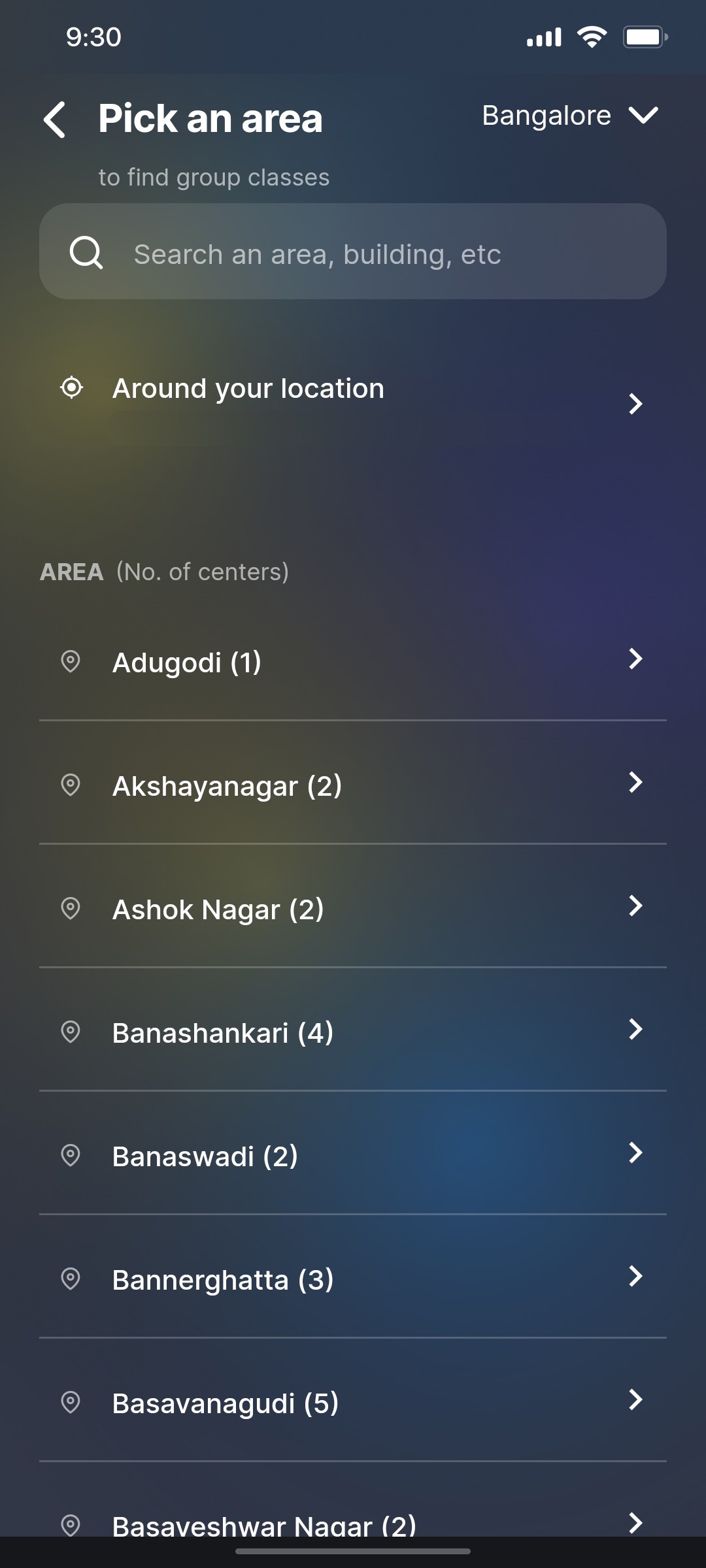 Cult.fit App Pick an area Screen