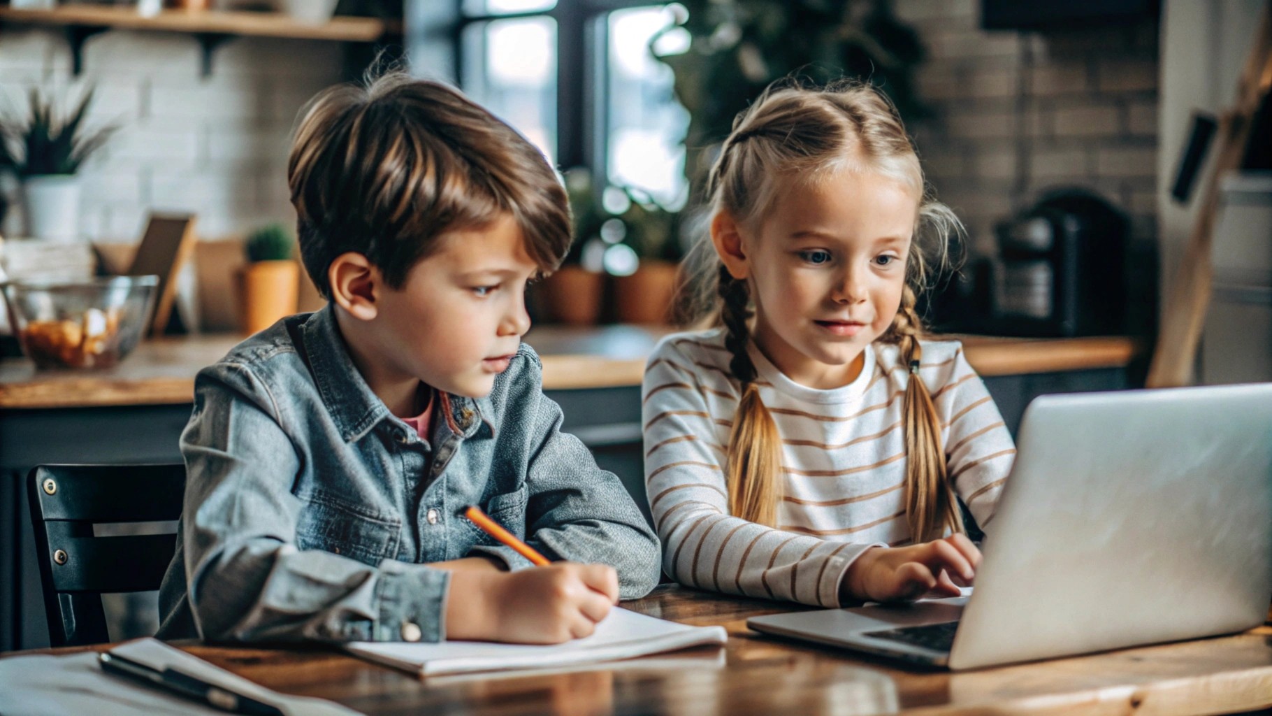 a boy and a girl are sitting at the desk together