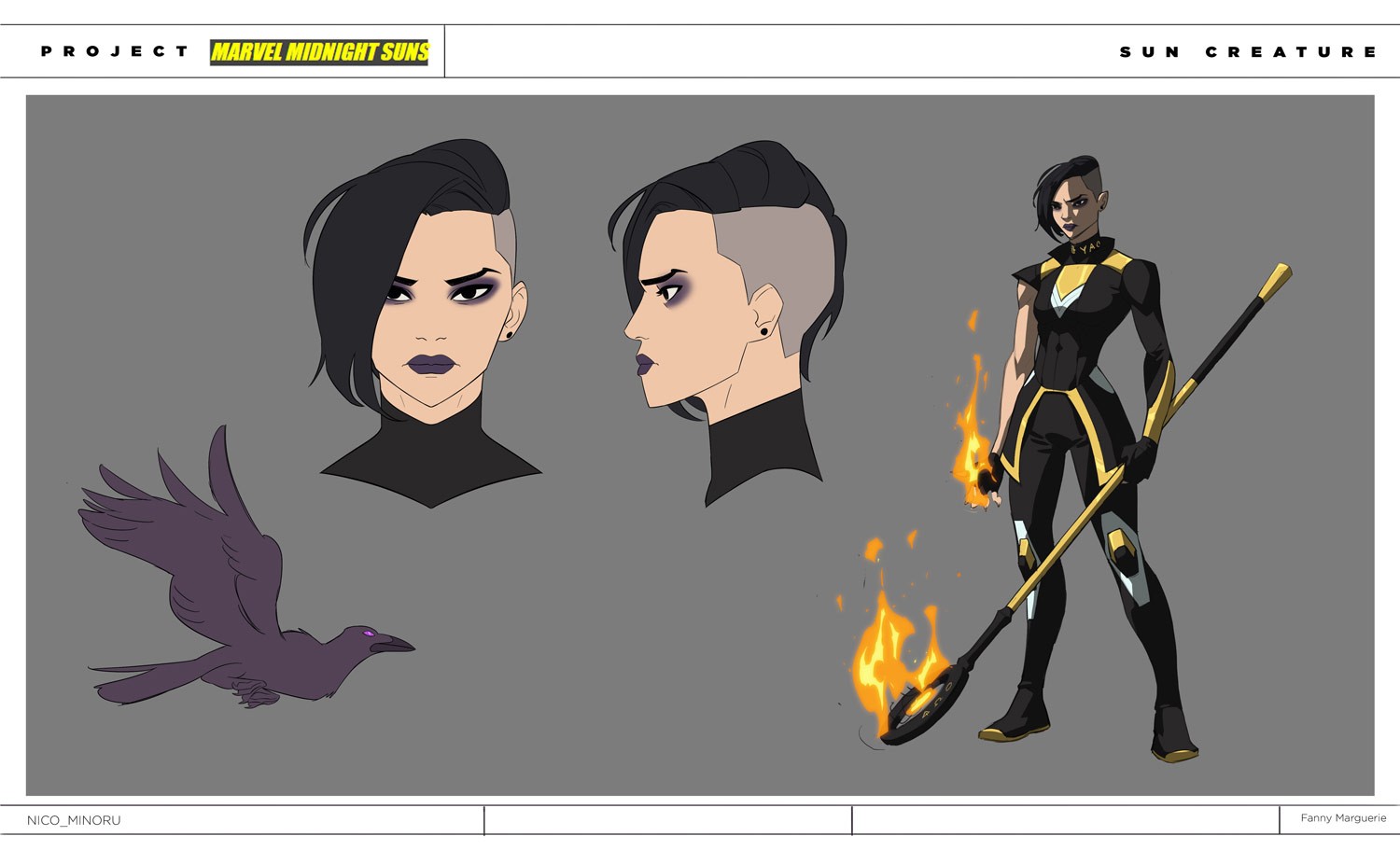 Character designs for Nico from Marvel’s Midnight Suns, showcasing her distinctive style and mystical elements.