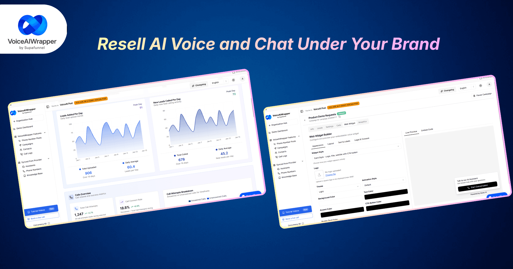 Full feature with multi-provider white-label reselling, branded client portals with transcripts and analytics, and Stripe billing direct to your bank | VoiceAIWrapper.