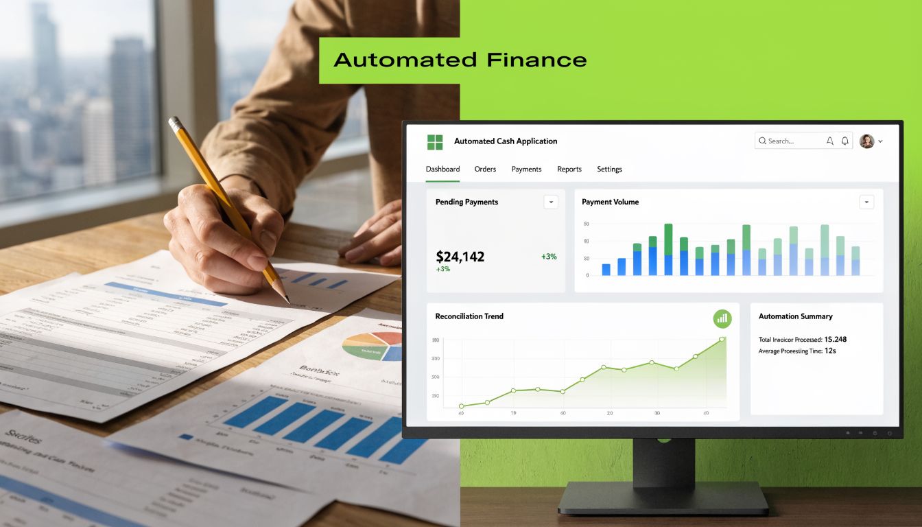 A professional desk setting showing financial reports and a computer dashboard displaying automated cash application data.