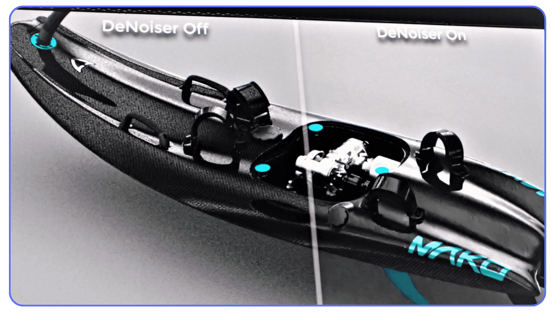 SolidWorks Visualize render comparison showing DeNoiser Off vs DeNoiser On on a black carbon fiber kayak model.