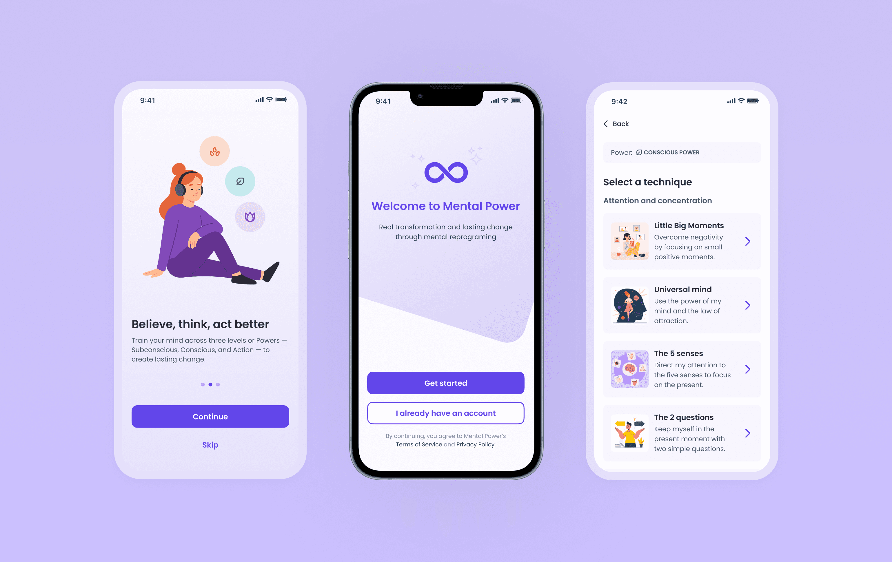 Four mobile screens showing the redesigned onboarding flow of the Mental Power app, including the welcome screen, an introductory slide with illustrations, a technique selection screen, and a simplified paywall with clear pricing and a prominent call to action.