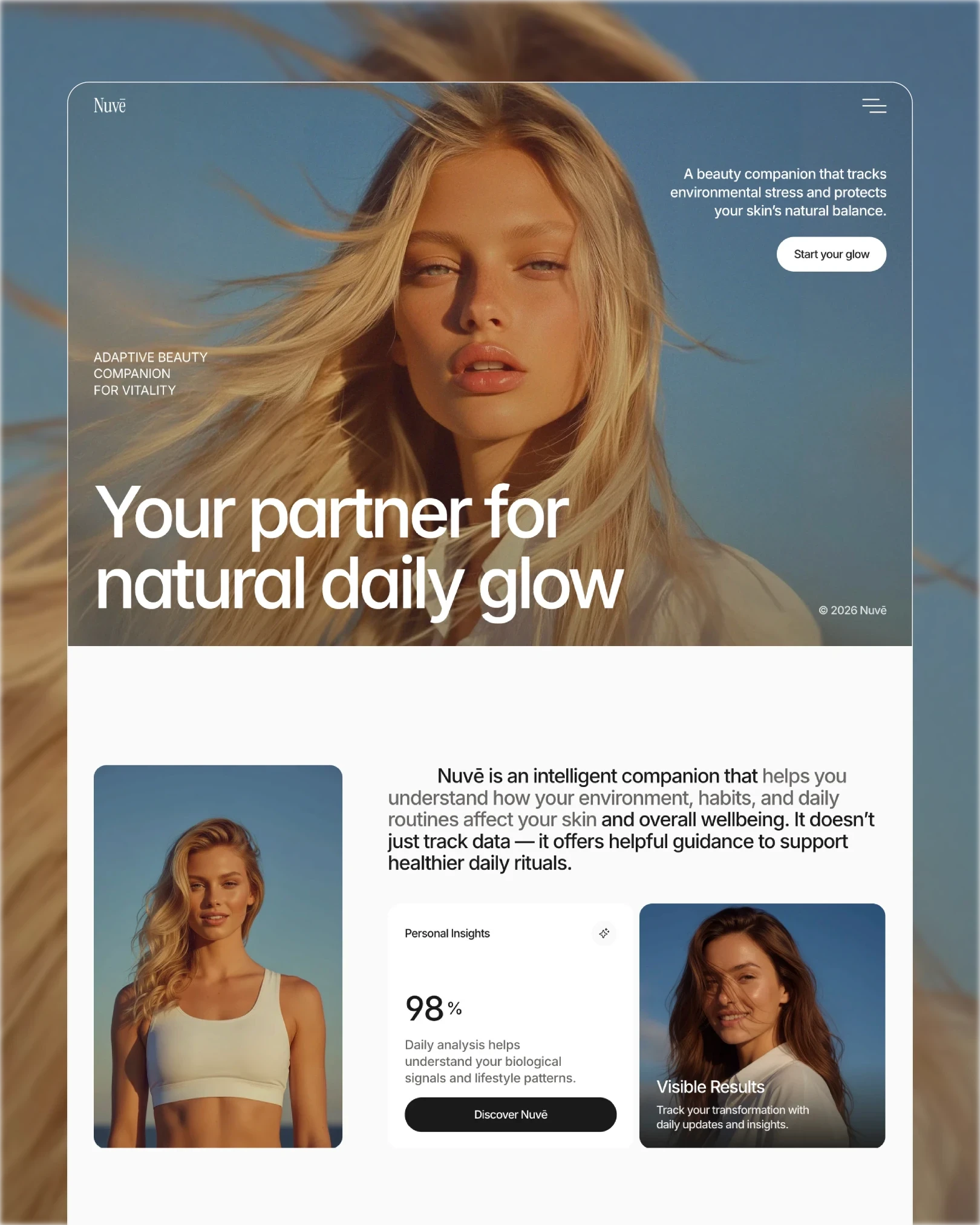 Nuvē AI beauty companion landing page, sun-drenched editorial hero with glow score and daily insights — web design by Luna UI design studio