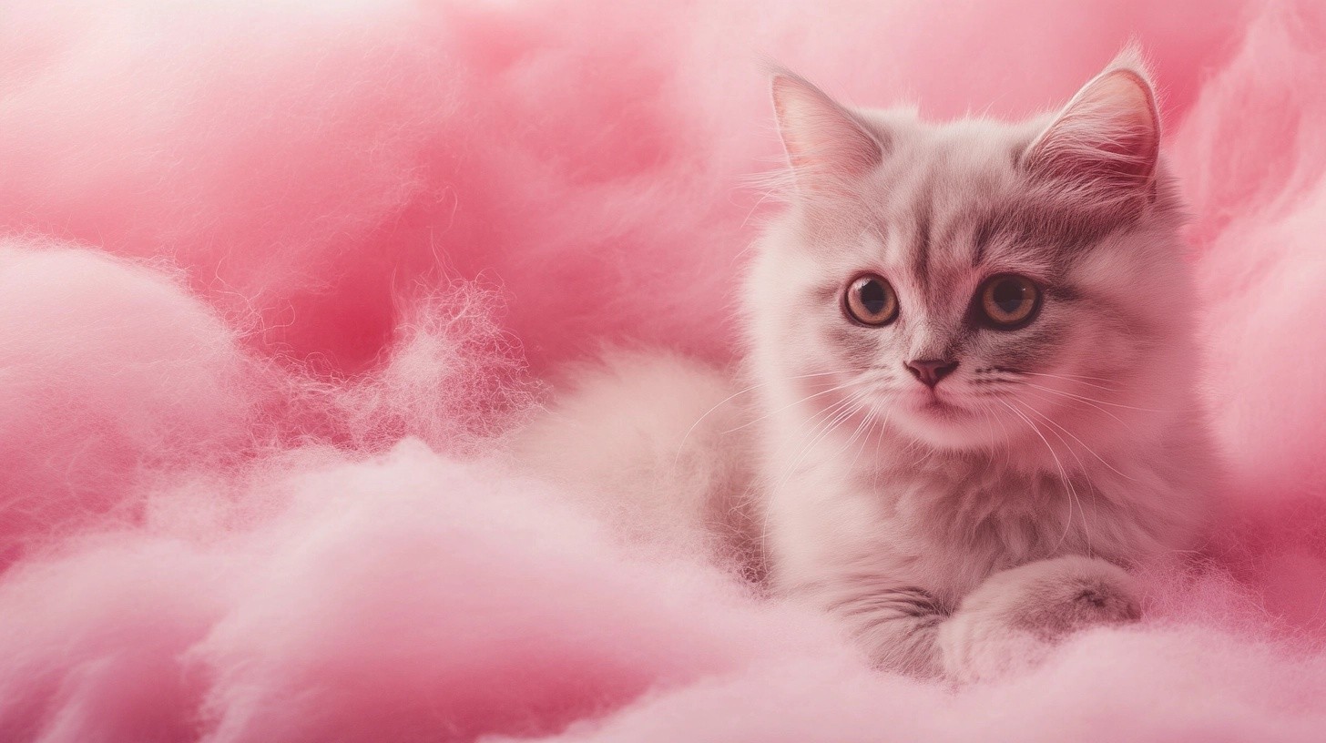 A girl cat in pink fluff