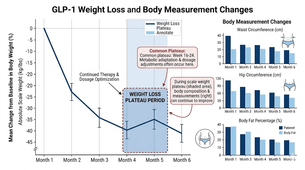 GLP-1 weight loss trajectory graph months 1 through 6 showing the plateau period and measurement changes 