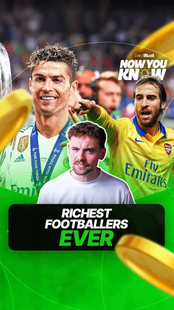 Daily Mail Now You Know poster featuring Cristiano Ronaldo, Mathieu Flamini, and a host discussing the richest footballers in history.