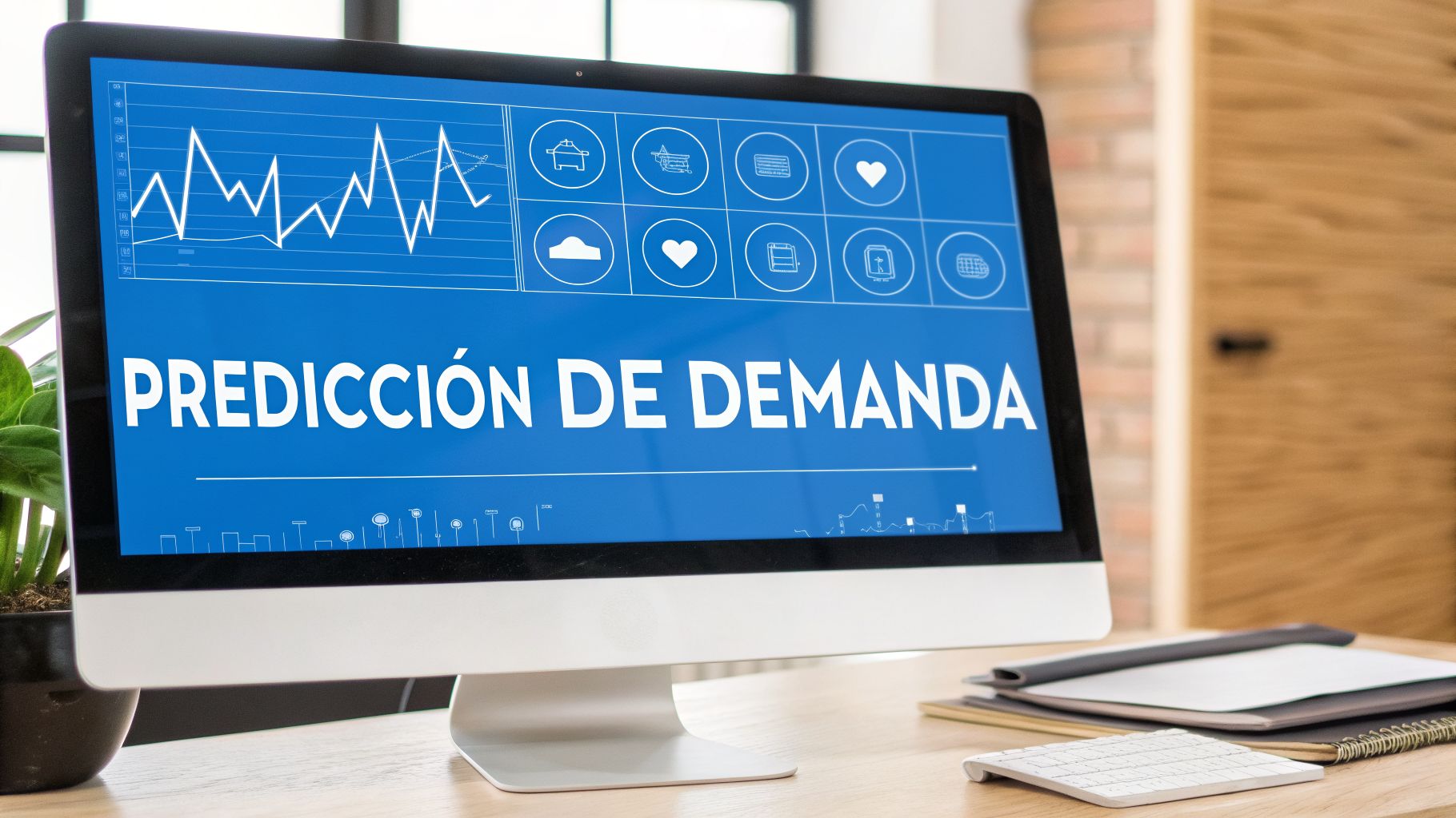 Monitor de computadora mostrando un gráfico de predicción de demanda con texto y iconos relacionados en pantalla azul.