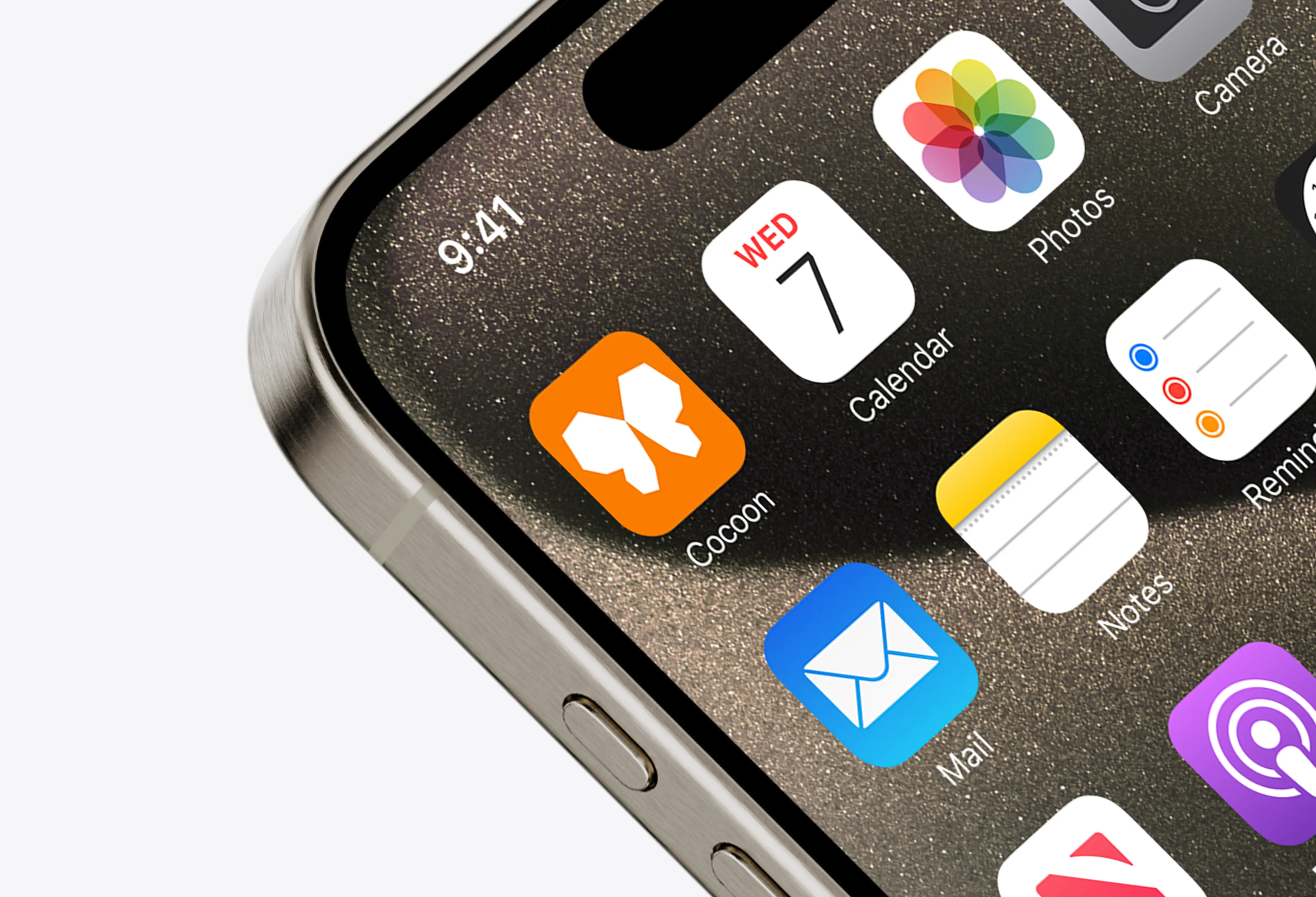 Close-up of an iPhone home screen featuring the Cocoon app icon in orange and white alongside other standard app icons.