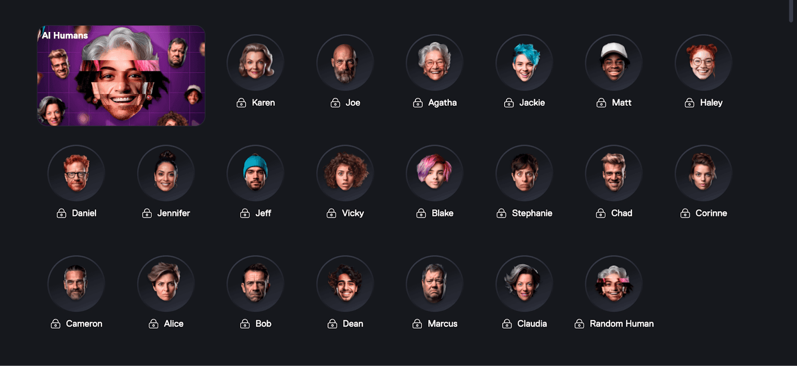 VoiceMod AI Human voices selection page