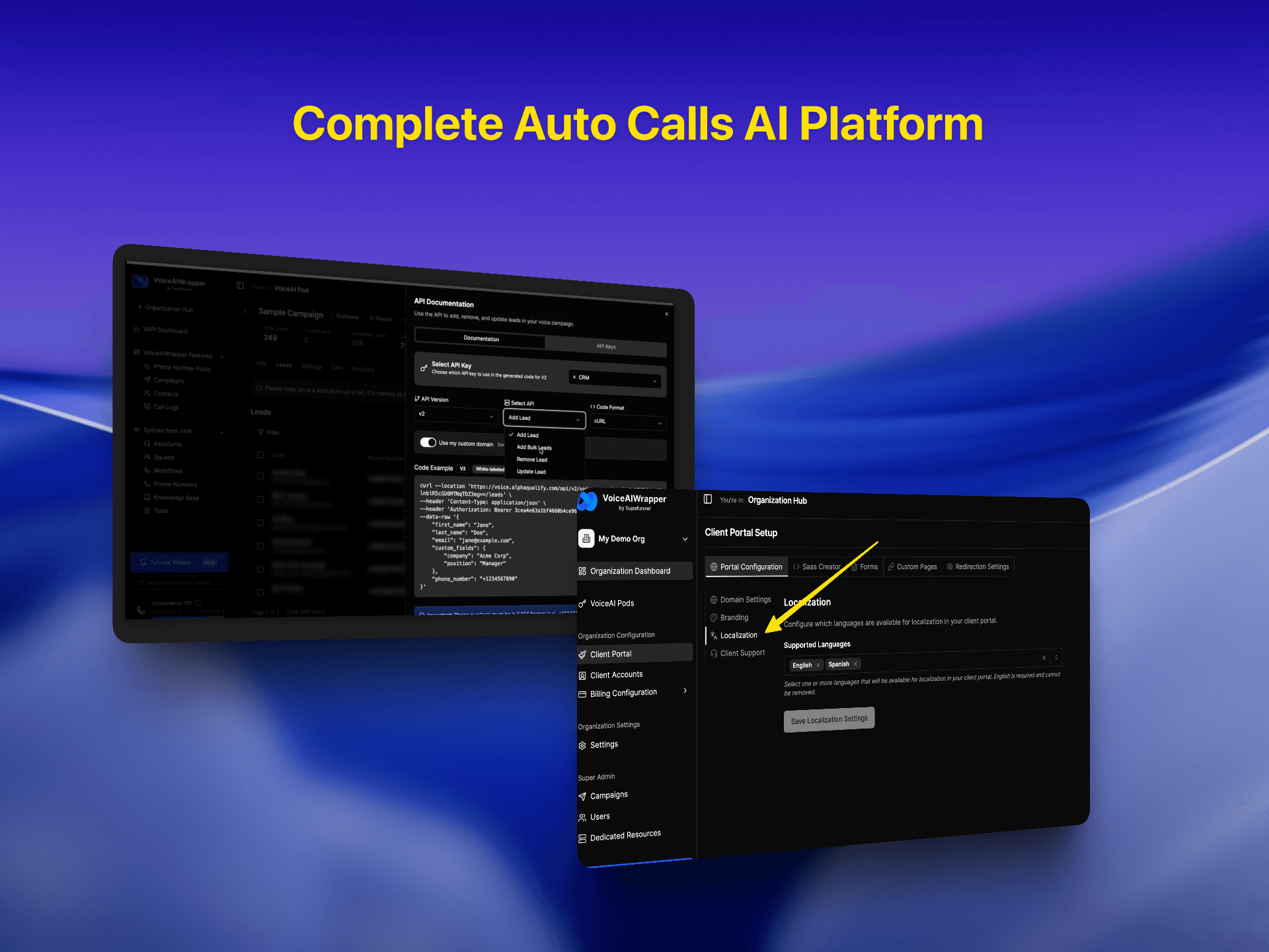 AI auto calls platform dashboard showing API documentation and client portal localization settings with language configuration options| VoiceAIWrapper