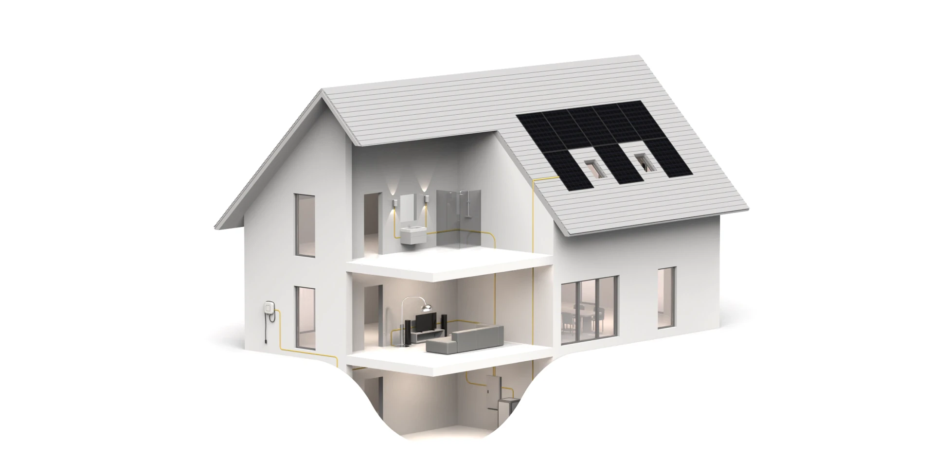 3D Darstellung: Photovoltaik-Anlage auf dem Dach eines Einfamilienhauses mit Stromflüßen im Querschnitt angezeigt 