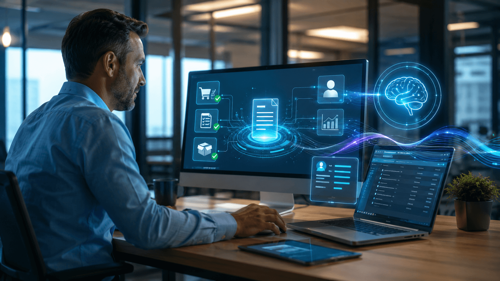 Homem trabalhando em um escritório moderno com múltiplas telas exibindo fluxos digitais, propostas automatizadas e integração inteligente de dados. A cena mostra um ambiente corporativo tecnológico em estilo 3D realista, com elementos visuais de IA, automação comercial e gestão de cotações B2B conectados ao ERP.