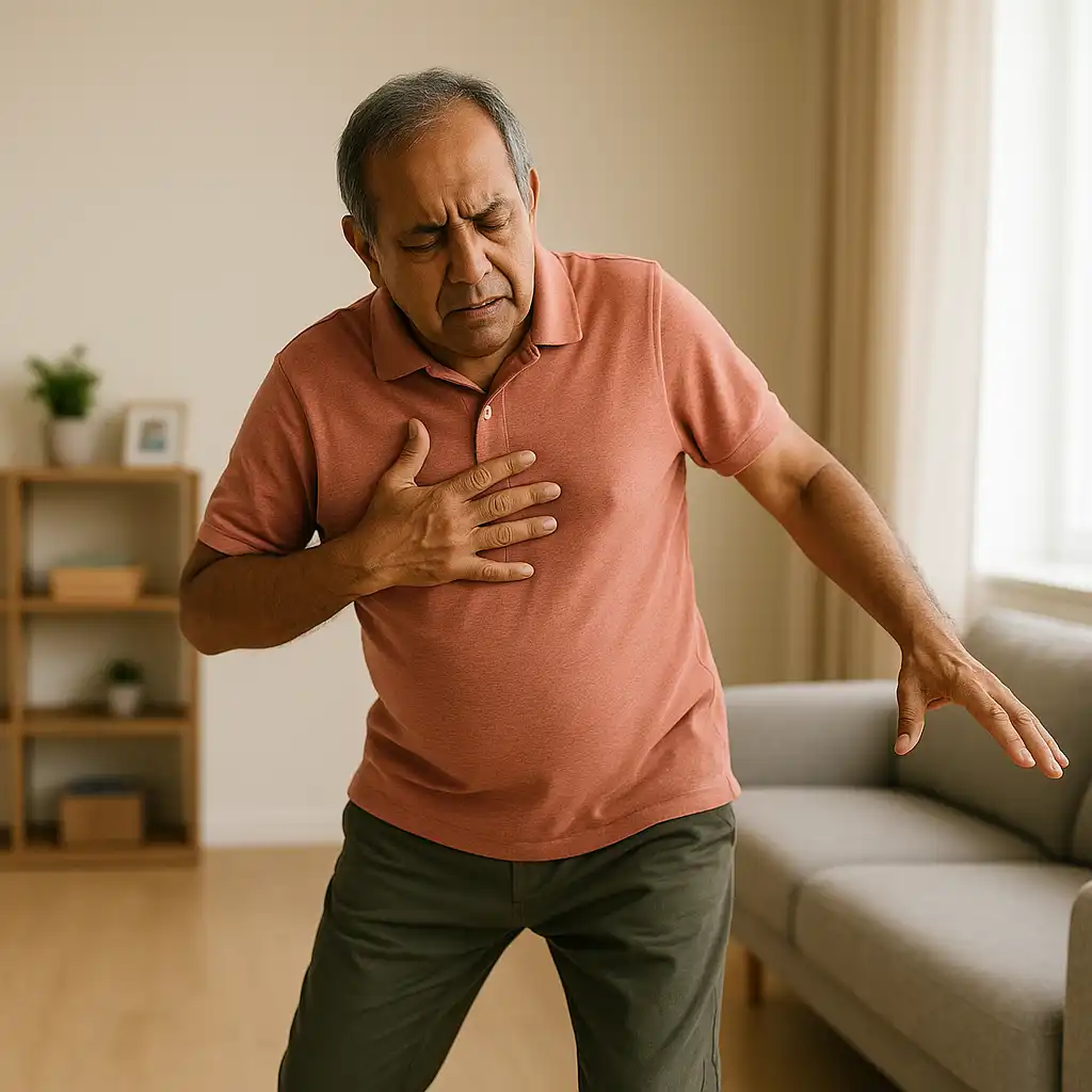 A person struggling to maintain balance and upright posture due to post-stroke weakness or coordination issues, showing unsteadiness while standing or moving.